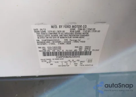 2013 Ford Taurus Sel z USA, uszkodzony, nr VIN 1FAHP2E86DG220545